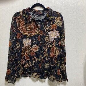 Pleats Collection Size Medium Blouse Black Floral Micro-pleat